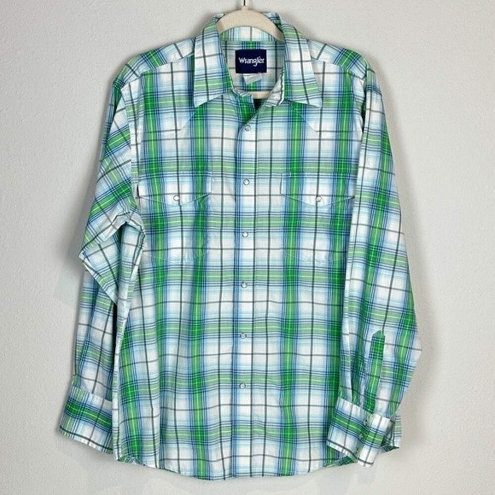 Wrangler Western Green White Plaid Pearl Snap Shirt XL